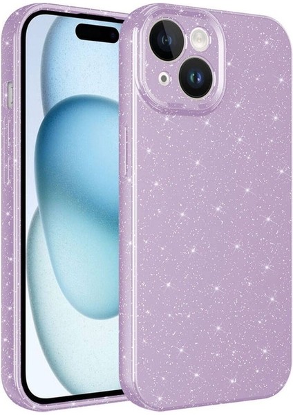 Apple iPhone 15 Uyumlu Kılıf Kamera Korumalı Simli Lüks Koton Kapak, Lila