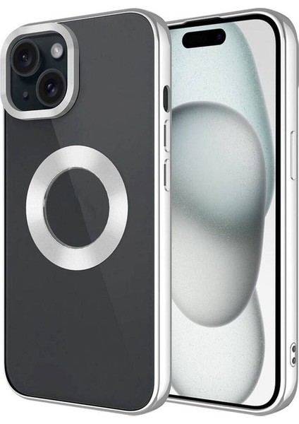Apple iPhone 15 Uyumlu Kılıf Tek Kamera Çerçeveli Logo Gösteren Omega Kapak, Gümüş