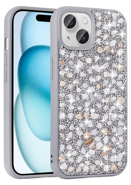 Apple iPhone 15 Plus Uyumlu Kılıf Parlak Taşlı Tasarım Linea Kapak, Gümüş