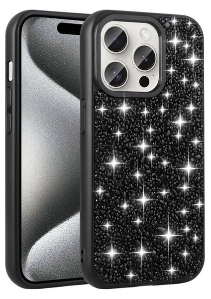 Apple iPhone 15 Pro Max Uyumlu Kılıf Parlak Taşlı Tasarım Linea Kapak, Siyah