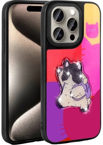 Apple iPhone 15 Pro Max Uyumlu Kılıf Parlayan Kabartmalı Ikonik Figürlü Amas Silikon Kapak, Mor