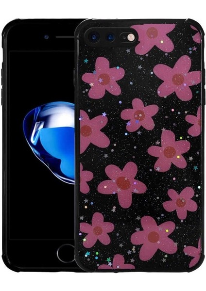 Apple iPhone 8 Plus Uyumlu Kılıf Simli Desenli Kamera Korumalı Parlak Popy Kapak, Çiçek