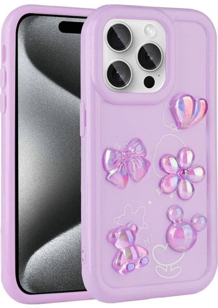 Apple iPhone 15 Pro Max Uyumlu Kılıf Kabartma Figürlü Parlak Toys Silikon Kapak, Mor