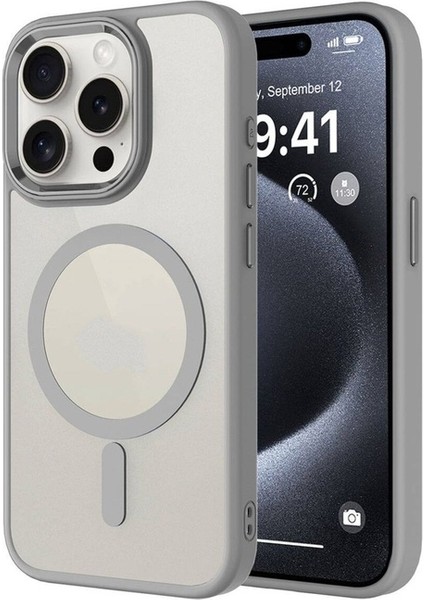 Apple iPhone 15 Pro Max Uyumlu Kılıf Wireless Şarj Özellikli Krom Magsafe Silikon Kapak, Gri