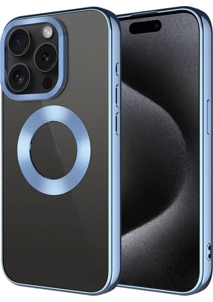 Apple iPhone 15 Pro Max Uyumlu Kılıf Tek Kamera Çerçeveli Logo Gösteren Omega Kapak, Sierra Mavi