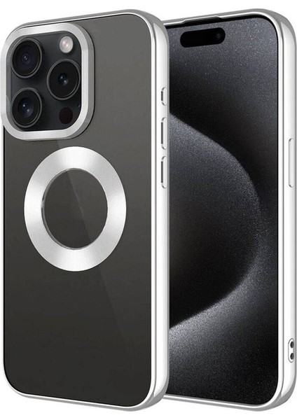 Apple iPhone 15 Pro Max Uyumlu Kılıf Tek Kamera Çerçeveli Logo Gösteren Omega Kapak, Gümüş