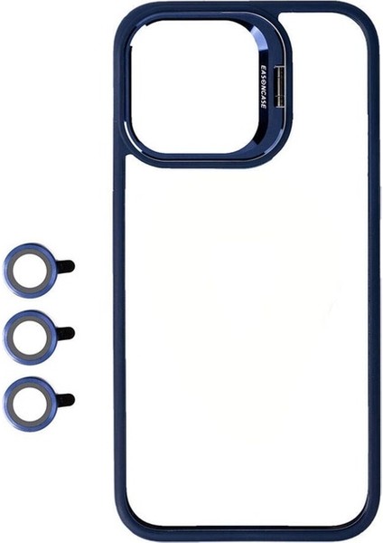 Apple iPhone 15 Pro Uyumlu Kılıf Kamera Lens Korumalı Standlı Klon Lensli Kapak, Lacivert
