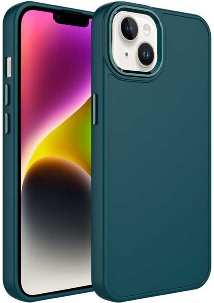 Apple iPhone 14 Uyumlu Kılıf Metal Çerçeve ve Buton Tasarımlı Silikon Luna Kapak, Koyu Yeşil