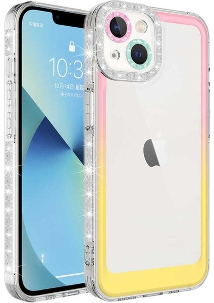Apple iPhone 14 Uyumlu Kılıf Simli ve Renk Geçiş Tasarımlı Lens Korumalı Park Kapak, Pembe-Sarı