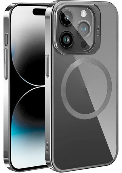 Apple iPhone 15 Pro Max Uyumlu Kılıf Magsafe Wireless Şarj Özellikli Standlı Klon Kapak, Gümüş