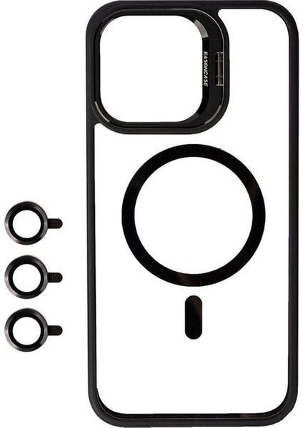 Apple iPhone 15 Pro Uyumlu Kılıf Magsafe Wireless Şarj Özellikli Standlı Magsafe Klon Lensli Kapak, Siyah