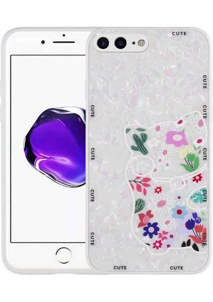 Apple iPhone 8 Plus Uyumlu Kılıf Desenli Sert Silikon Mumila Kapak, White Cat