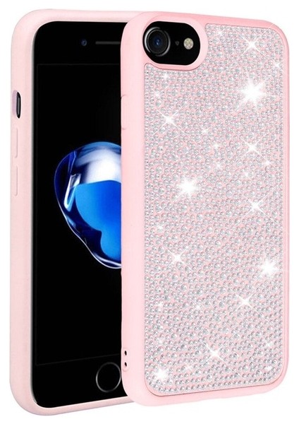 Apple iPhone 8 Uyumlu Kılıf Parlak Taşlı Tasarım Ston Kapak, Pembe
