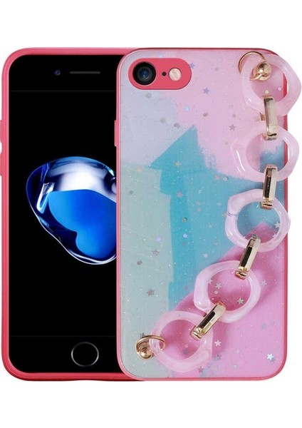 Apple iPhone Se 2020 Uyumlu Kılıf Simli Desenli El Askılı Tutacaklı Elsa Silikon Kapak, Pembe Koyu