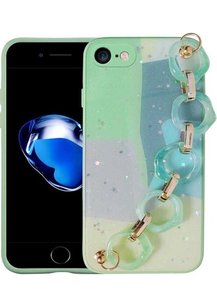Apple iPhone Se 2022 Uyumlu Kılıf Simli Desenli El Askılı Tutacaklı Elsa Silikon Kapak, Yeşil