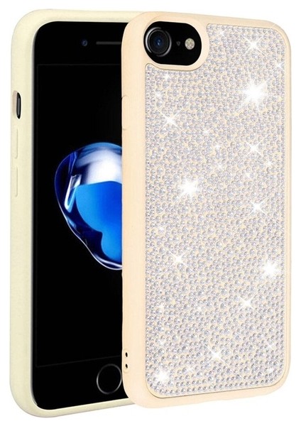 Apple iPhone Se 2022 Uyumlu Kılıf Parlak Taşlı Tasarım Ston Kapak, Beyaz