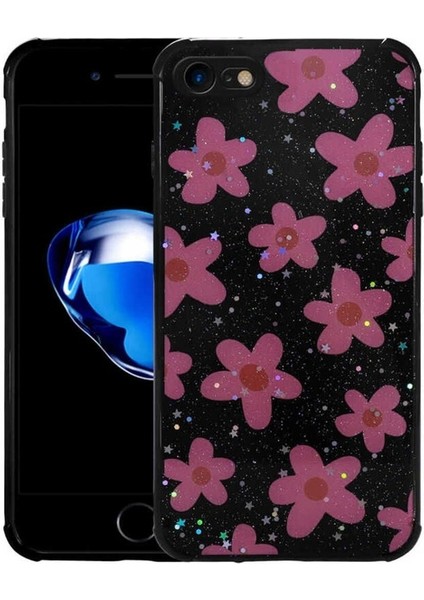 Apple iPhone Se 2022 Uyumlu Kılıf Simli Desenli Kamera Korumalı Parlak Popy Kapak, Çiçek