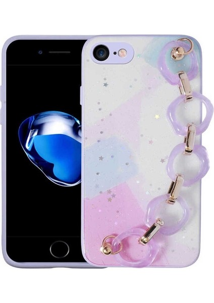 Apple iPhone Se 2020 Uyumlu Kılıf Simli Desenli El Askılı Tutacaklı Elsa Silikon Kapak, Lila