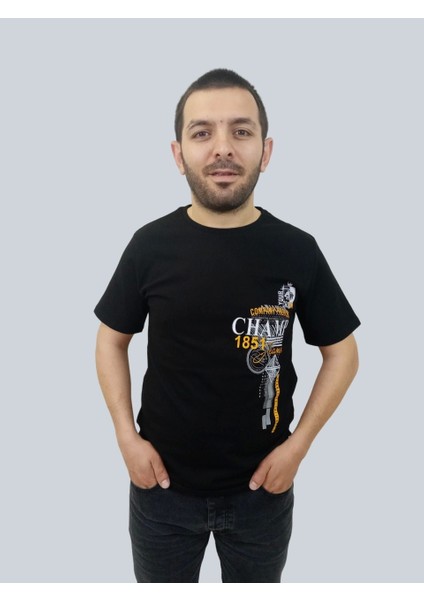 Erkek Champ Bisiklet Yaka Siyah Tişört