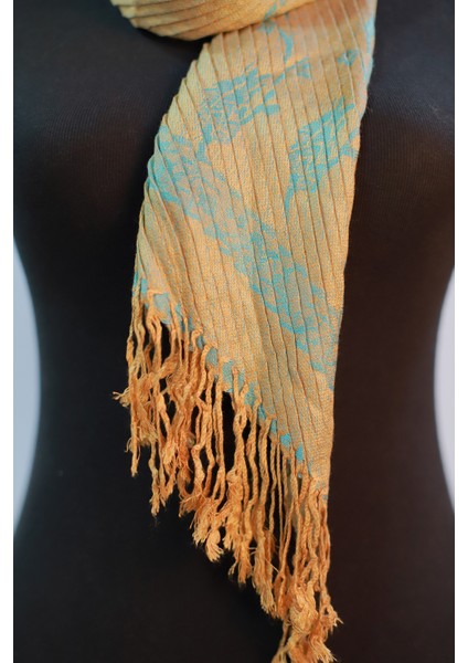 Turkuaz ve Cappuccino Rengi Desenli Pamuk Viskon Şal