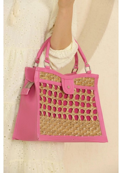 Çıtır Desenli Fuşya Hasır Çanta