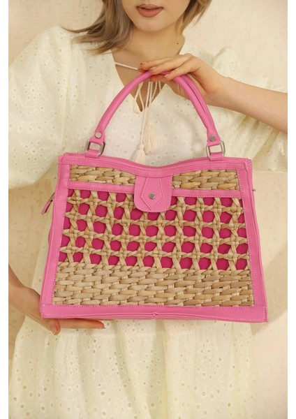 Çıtır Desenli Fuşya Hasır Çanta fiyatları