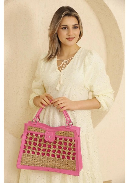 Çıtır Desenli Fuşya Hasır Çanta modelleri
