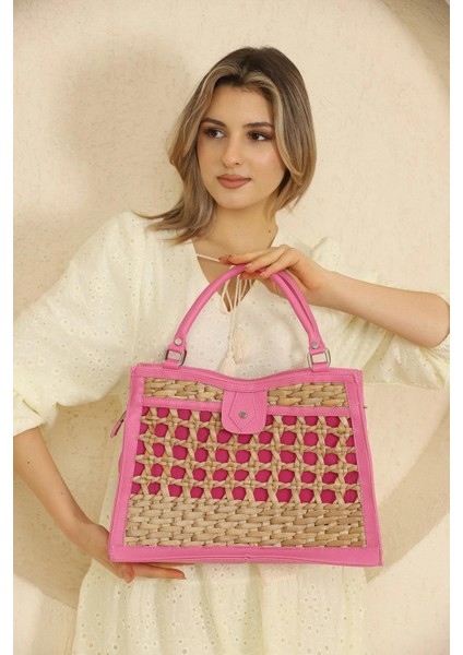 Çıtır Desenli Fuşya Hasır Çanta fırsatları