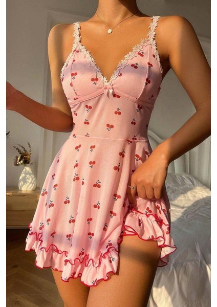 Romantik Pembe Kiraz Baskılı Askılı Tanga ve Tül Gecelik
