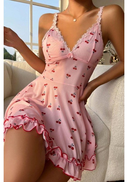 Romantik Pembe Kiraz Baskılı Askılı Tanga ve Tül Gecelik fiyatları