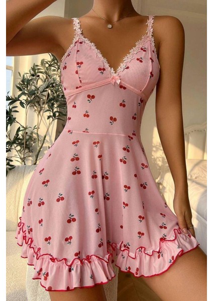 Romantik Pembe Kiraz Baskılı Askılı Tanga ve Tül Gecelik modelleri