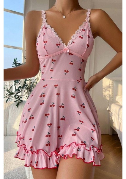 Romantik Pembe Kiraz Baskılı Askılı Tanga ve Tül Gecelik fırsatları