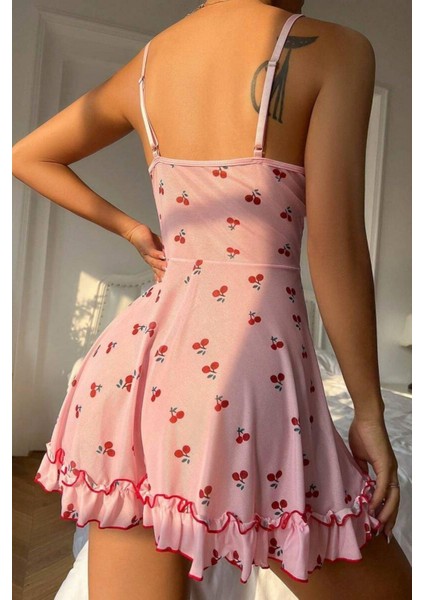 Romantik Pembe Kiraz Baskılı Askılı Tanga ve Tül Gecelik indirimleri