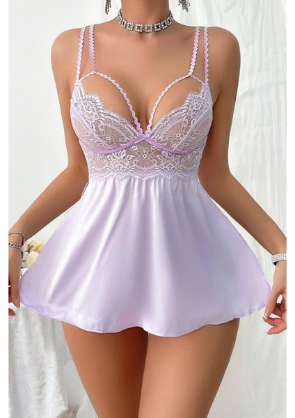 Lila Askılı Yırtmaçlı Dantelli Saten Gecelik fiyatları