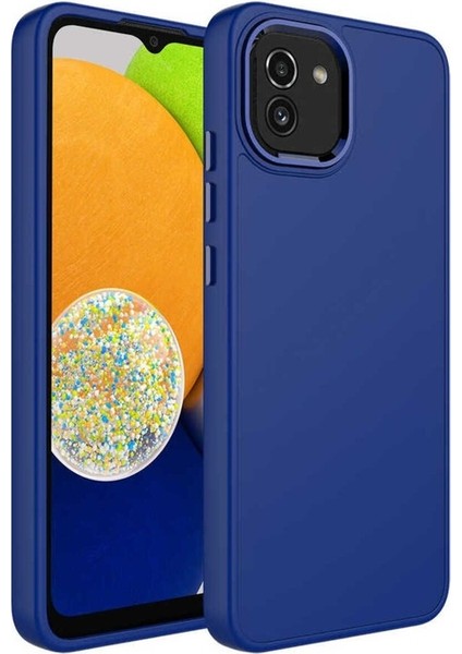 Samsung Galaxy A03 Uyumlu Kılıf Metal Çerçeve ve Buton Tasarımlı Silikon Luna Kapak, Lacivert