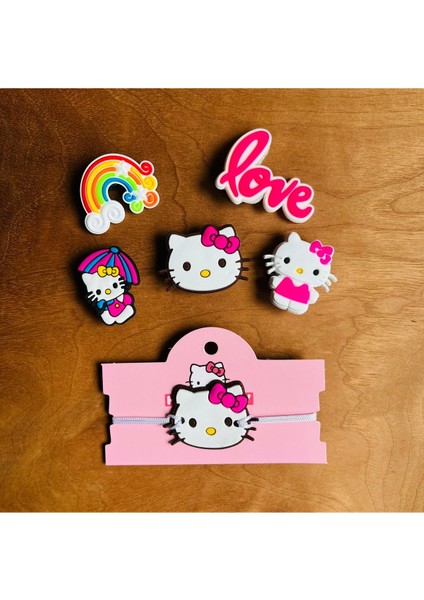 Hello Kitty 6 Lı Set Crocs Jibbitz Terlik Süsü ve Makrome Örgülü Ayarlamalı Çocuk Bilekliği