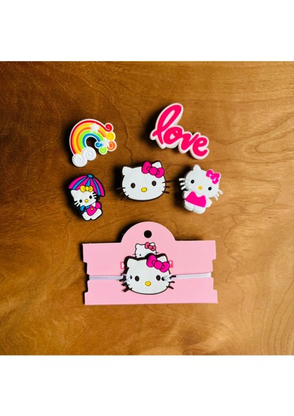 Hello Kitty 6 Lı Set Crocs Jibbitz Terlik Süsü ve Makrome Örgülü Ayarlamalı Çocuk Bilekliği