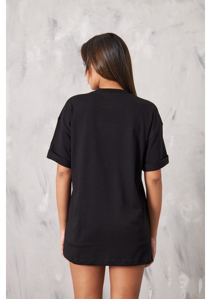 You Are Happy Stop Making Drama Taşlı Oversize Siyah Kadın T-Shirt modelleri