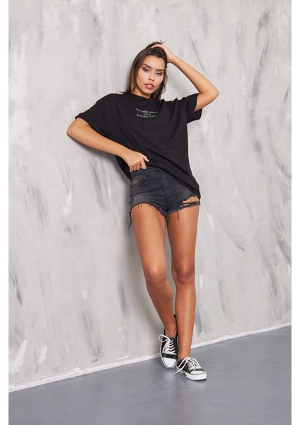 You Are Happy Stop Making Drama Taşlı Oversize Siyah Kadın T-Shirt fırsatları