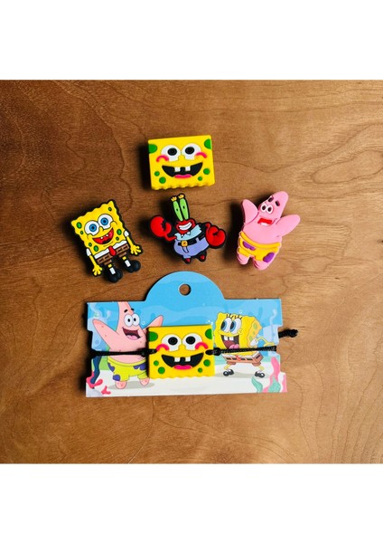 Sünger Bob 5 Li Set Crocs Jibbitz Terlik Süsü ve Makrome Örgülü Ayarlamalı Çocuk Bilekliği