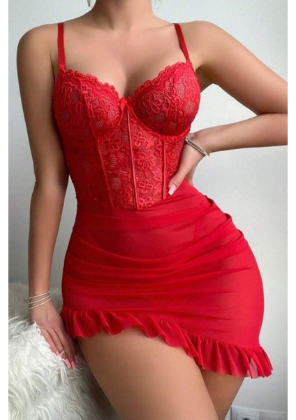 2 Parça Balenli Fırfırlı Dantel Tül Gecelik