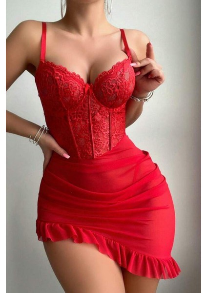 2 Parça Balenli Fırfırlı Dantel Tül Gecelik fiyatları