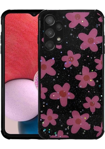 Samsung Galaxy A13 4g Uyumlu Kılıf Simli Desenli Kamera Korumalı Parlak Popy Kapak, Çiçek