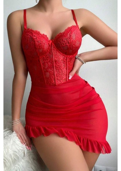 2 Parça Balenli Fırfırlı Dantel Tül Gecelik