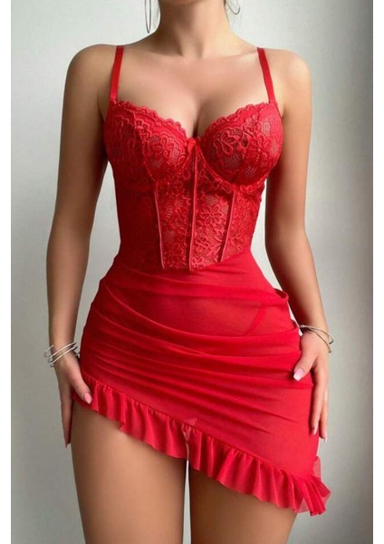 2 Parça Balenli Fırfırlı Dantel Tül Gecelik modelleri