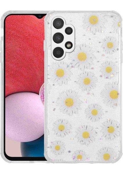 Samsung Galaxy A13 4g Uyumlu Kılıf Simli Desenli Kamera Korumalı Parlak Popy Kapak, Papatya