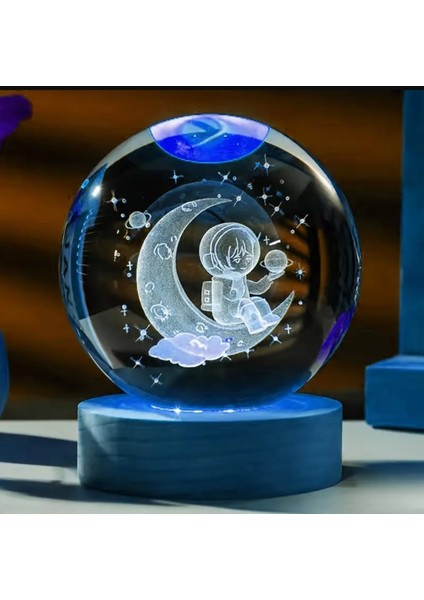 Mr Sevgiliye Özel Astronot Gece Lambası 3D Kristal Cam Küre, Ahşap Soketli Gece Lambası,led,harika Bir Hediye