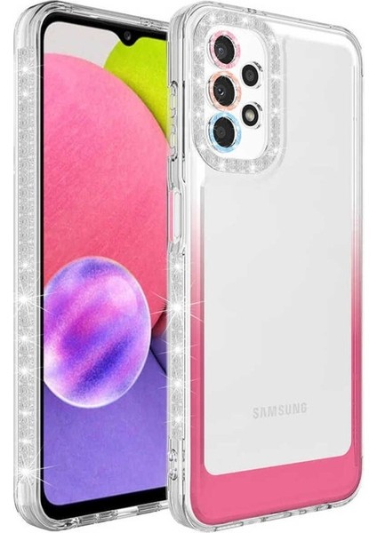 Samsung Galaxy A23 Uyumlu Kılıf Simli ve Renk Geçiş Tasarımlı Lens Korumalı Park Kapak, Beyaz-Pembe