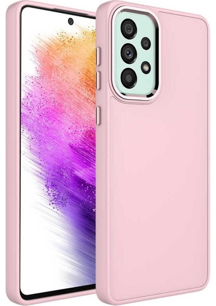 Samsung Galaxy A33 5g Uyumlu Kılıf Metal Çerçeve ve Buton Tasarımlı Silikon Luna Kapak, Pembe
