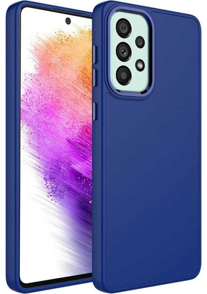 Samsung Galaxy A52 Uyumlu Kılıf Metal Çerçeve ve Buton Tasarımlı Silikon Luna Kapak, Lacivert